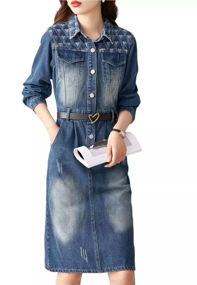 Buy ONX.HK Retro Diamond Lapel Slit Denim Dress (With Belt) 2023 Online |  ZALORA Singapore