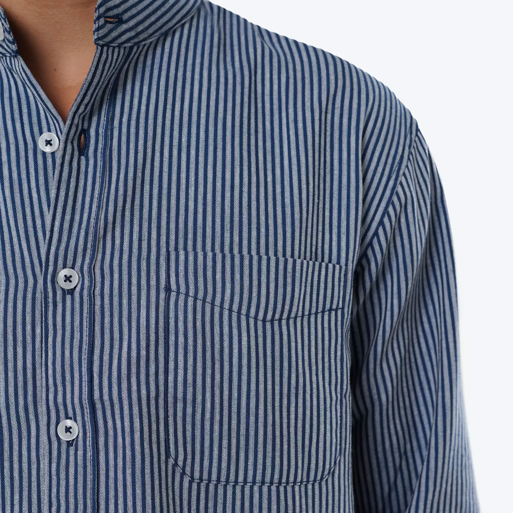 CELCIUS Round Colar Linen Kemeja Stripes LIN001762C Navy