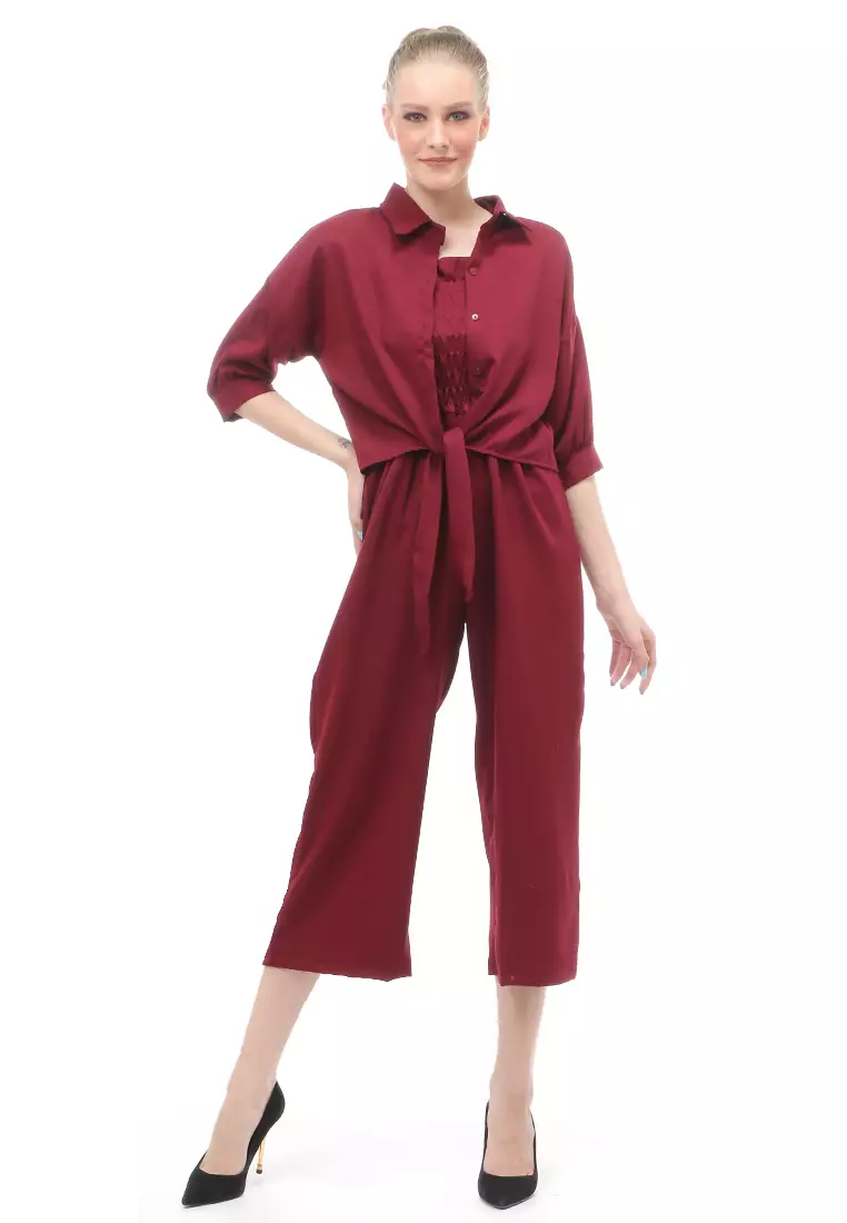 Jumpsuit Wanita Casual Motif Solid Setelan Relaxed Fit - Maroon