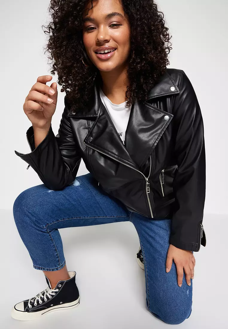 Plus Size Faux Leather Biker Jacket with Pocket