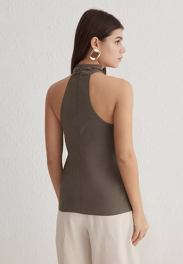 Khaki Halter Neck Knotted Woven Blouse