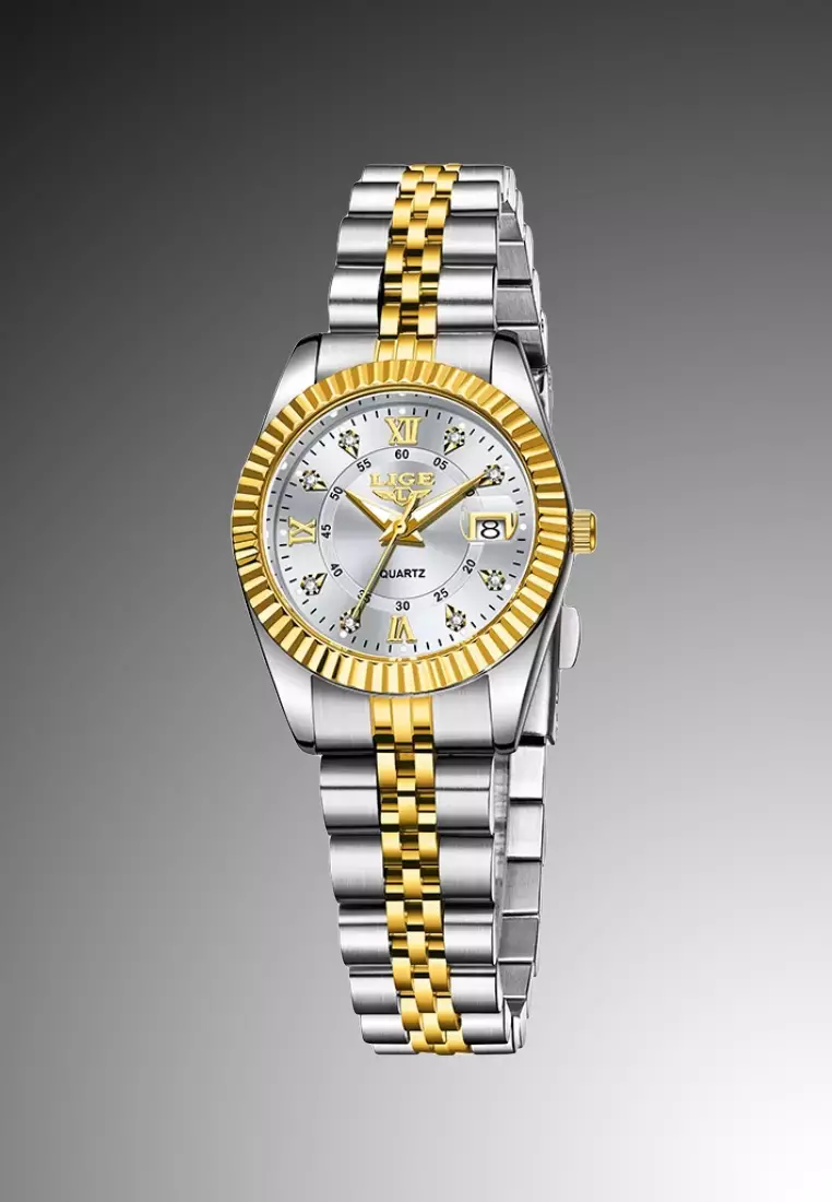 Ladies IP Gold Stainless Steel Quartz Watch, Date, Stainless Steel Bracelet