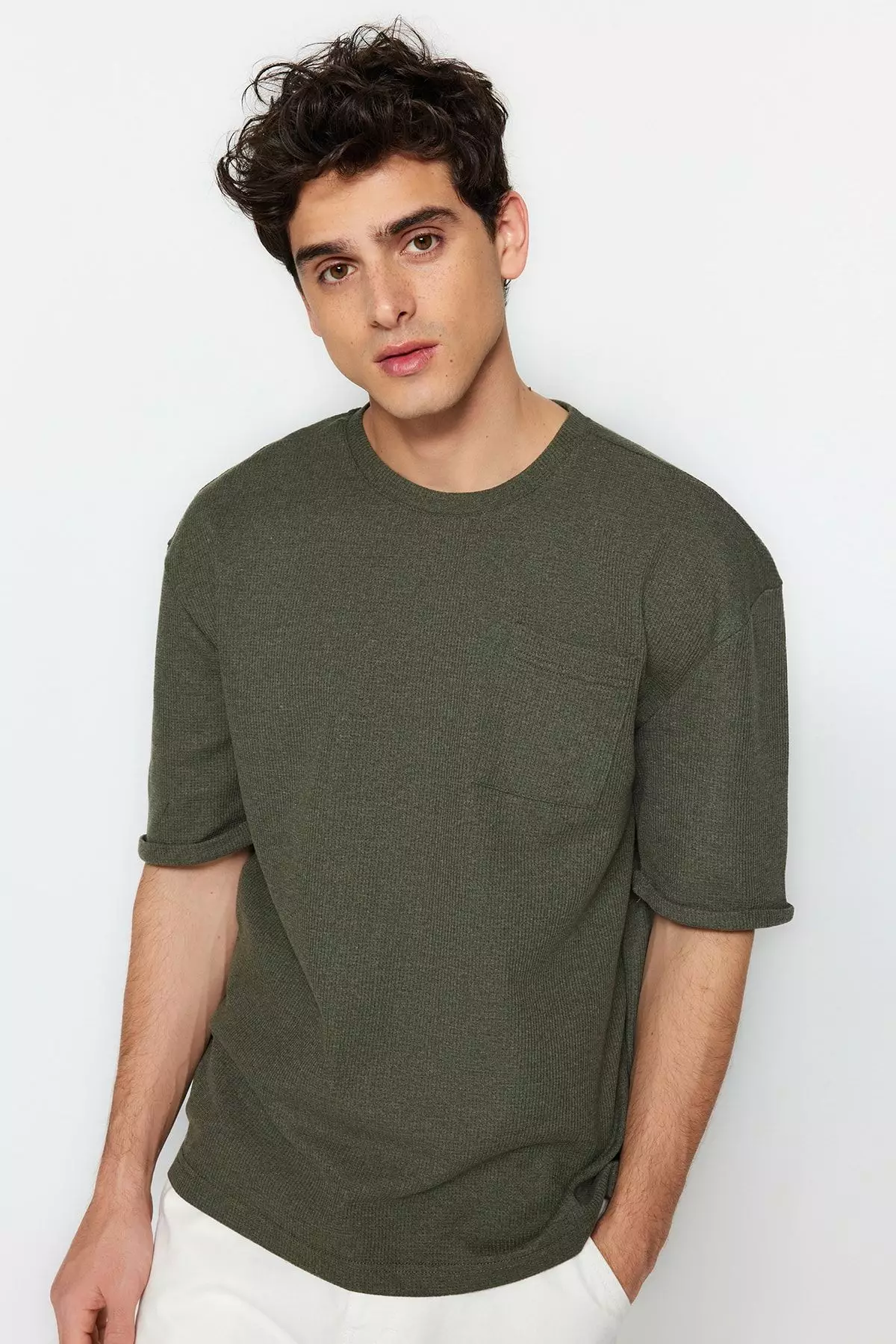 Buy Trendyol Khaki Oversize/Wide Cut Crew Neck Short Sleeve Pocket