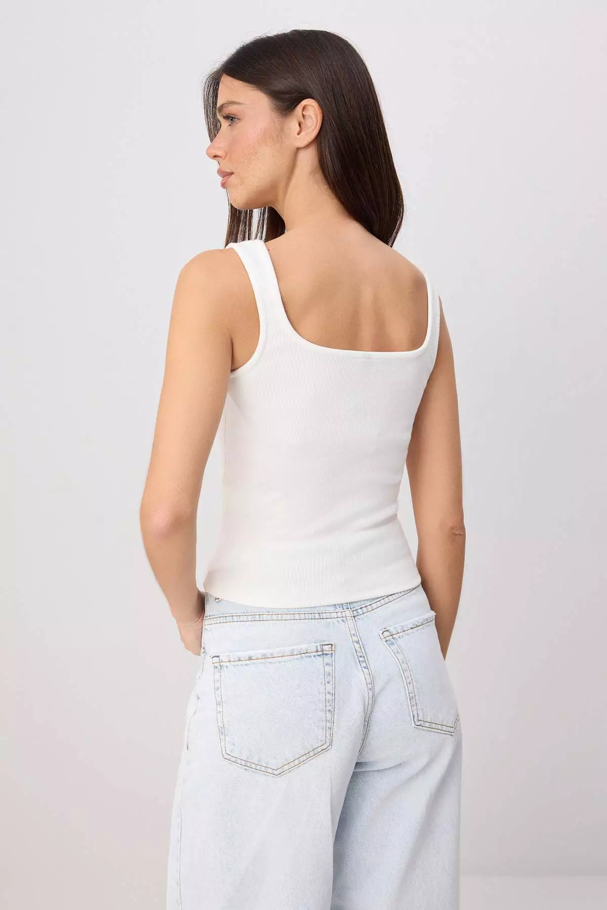 Ecru Plain Fitted/Square Neck Ribbed Stretchy Knitted Undershirt Twoss26Al00097