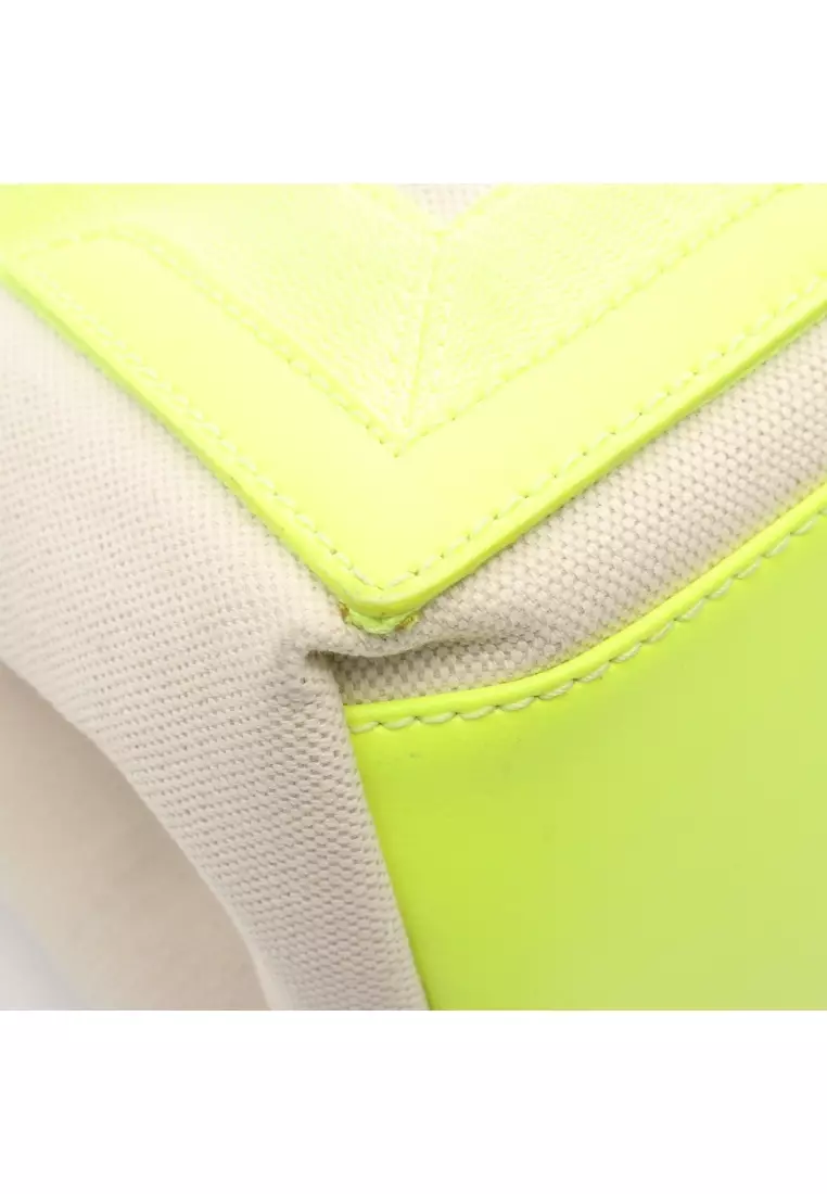 Pre-Loved BALENCIAGA NAVY CABAS S navy hippopotamus Handbag tote bag canvas leather ivory yellow Neon color