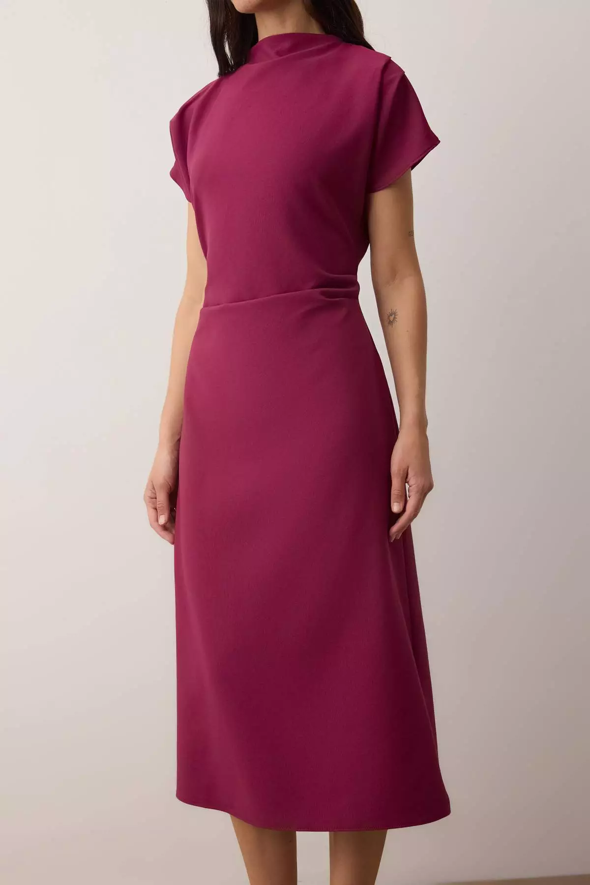 Dark Purple Straight A-Line Shirring / Drape Midi Woven Dress Twoaw25El393