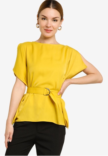 ZALORA WORK yellow Slit Sleeve Top With Belt FEE6FAA885AC54GS_1