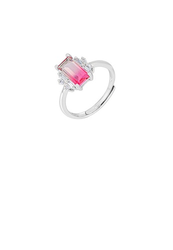 Glamorousky pink 925 Sterling Silver Simple Temperament Geometric Rectangle Adjustable Ring with Pink-white Cubic Zirconia ADC3CAC6A41D8CGS_1