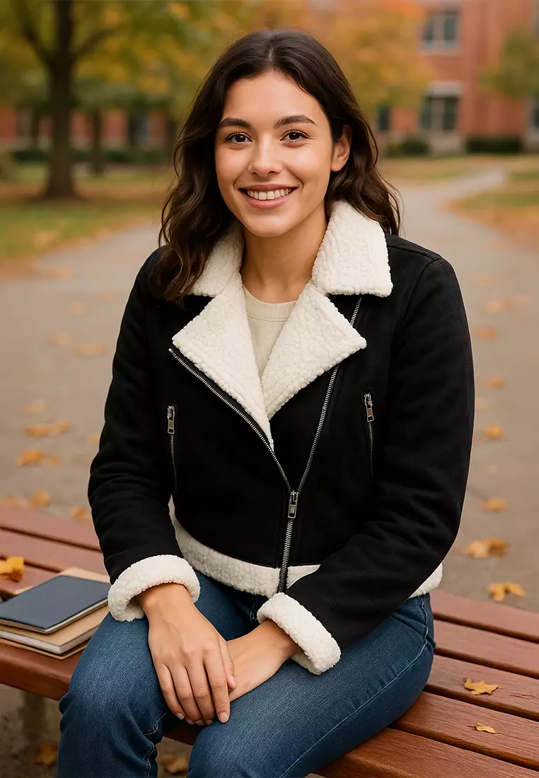 Jaket Sherpa Kerah Lebar Warna Hitam