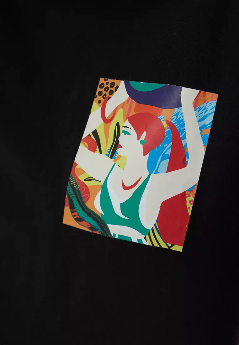 Black 100% Cotton Printed Relaxed/Wide Cut Crop Knit T-Shirt TWOSS23TS00369