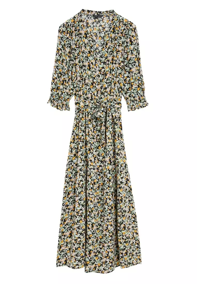 Printed V-Neck Midi Waisted Dress