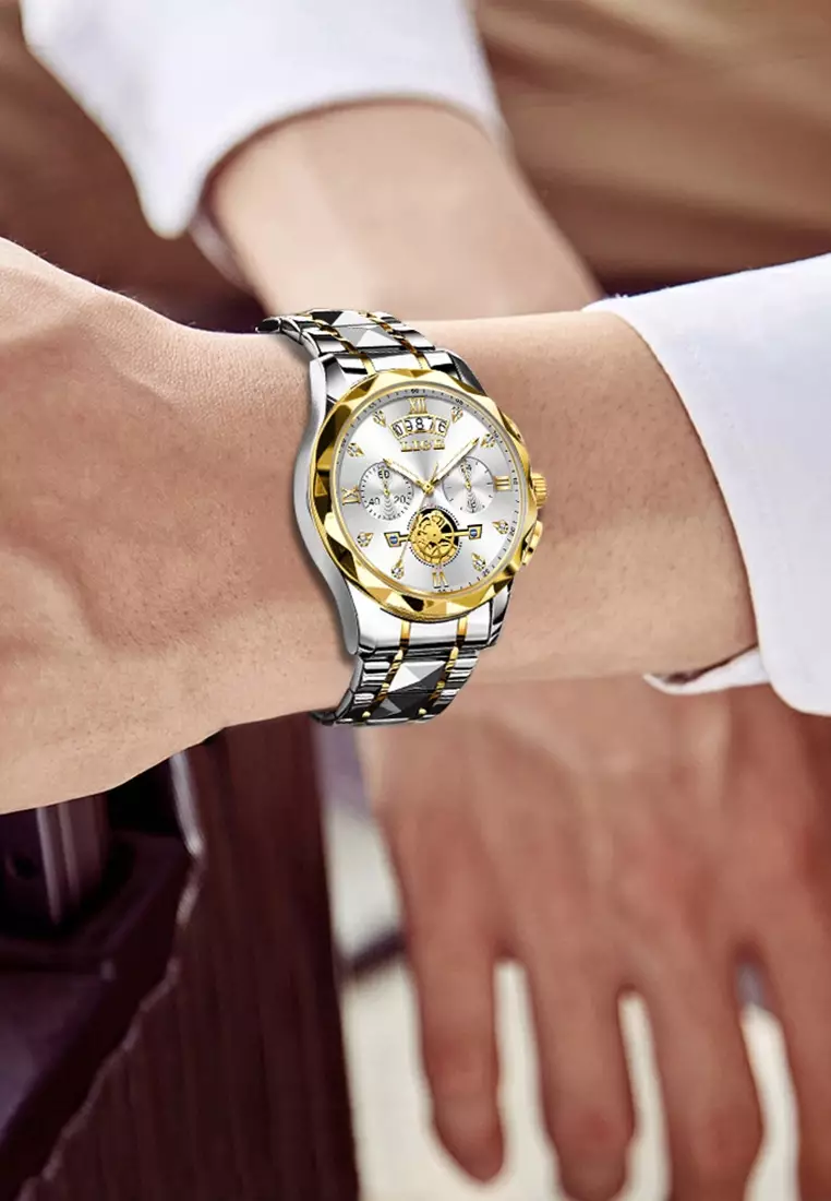 计时码表男女通用 IP 金色和不锈钢石英表，日期，不锈钢表带