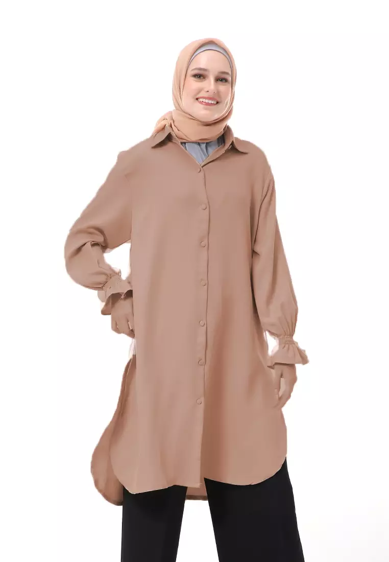 Icella Long Tunik Muslimah Atasan Wanita Motif Polos Lengan Panjang Premium Quality - Mocca