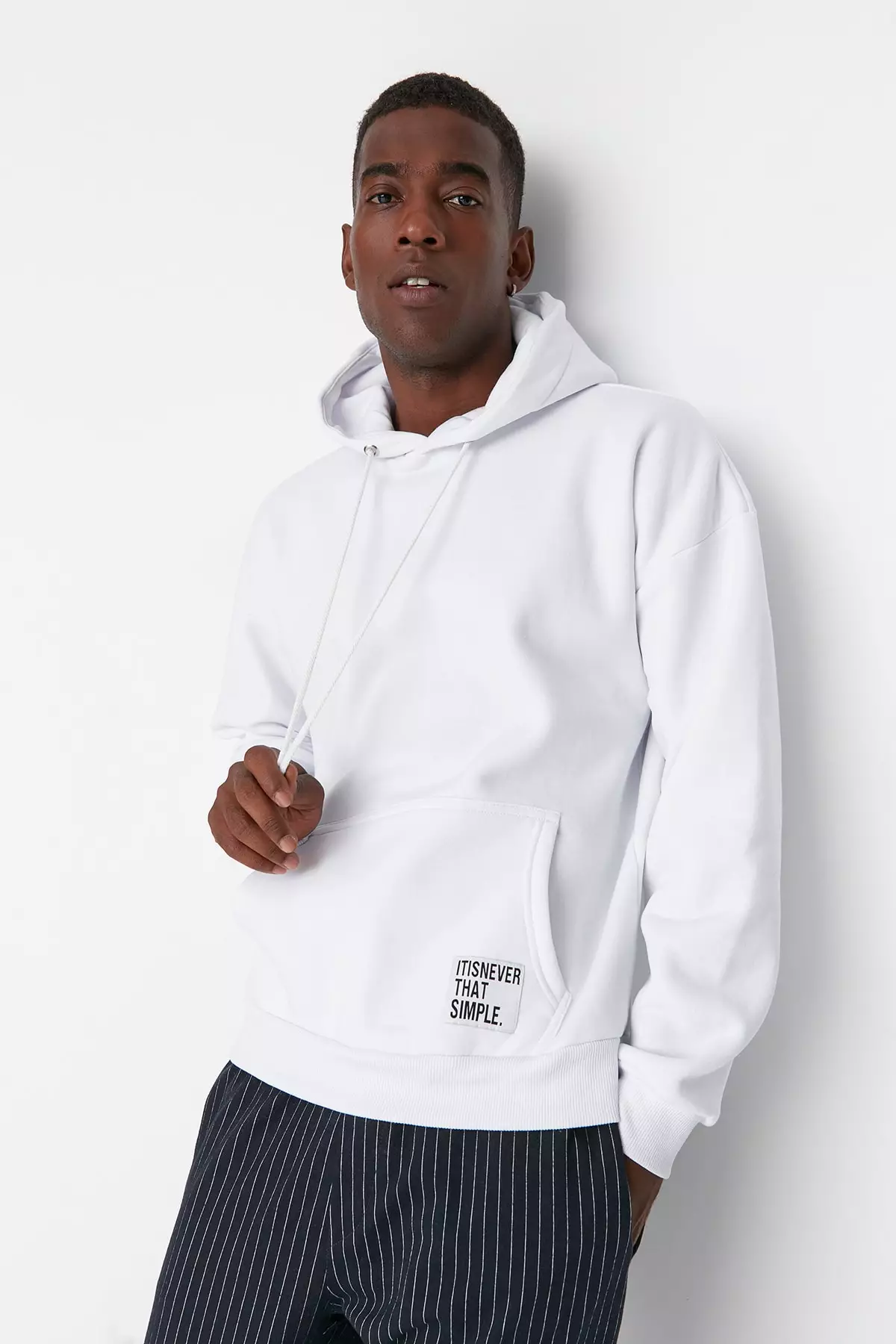 White Men s Basic Hooded Oversized Sweatshirt with Labels and a Soft Pile Inside Cotton
