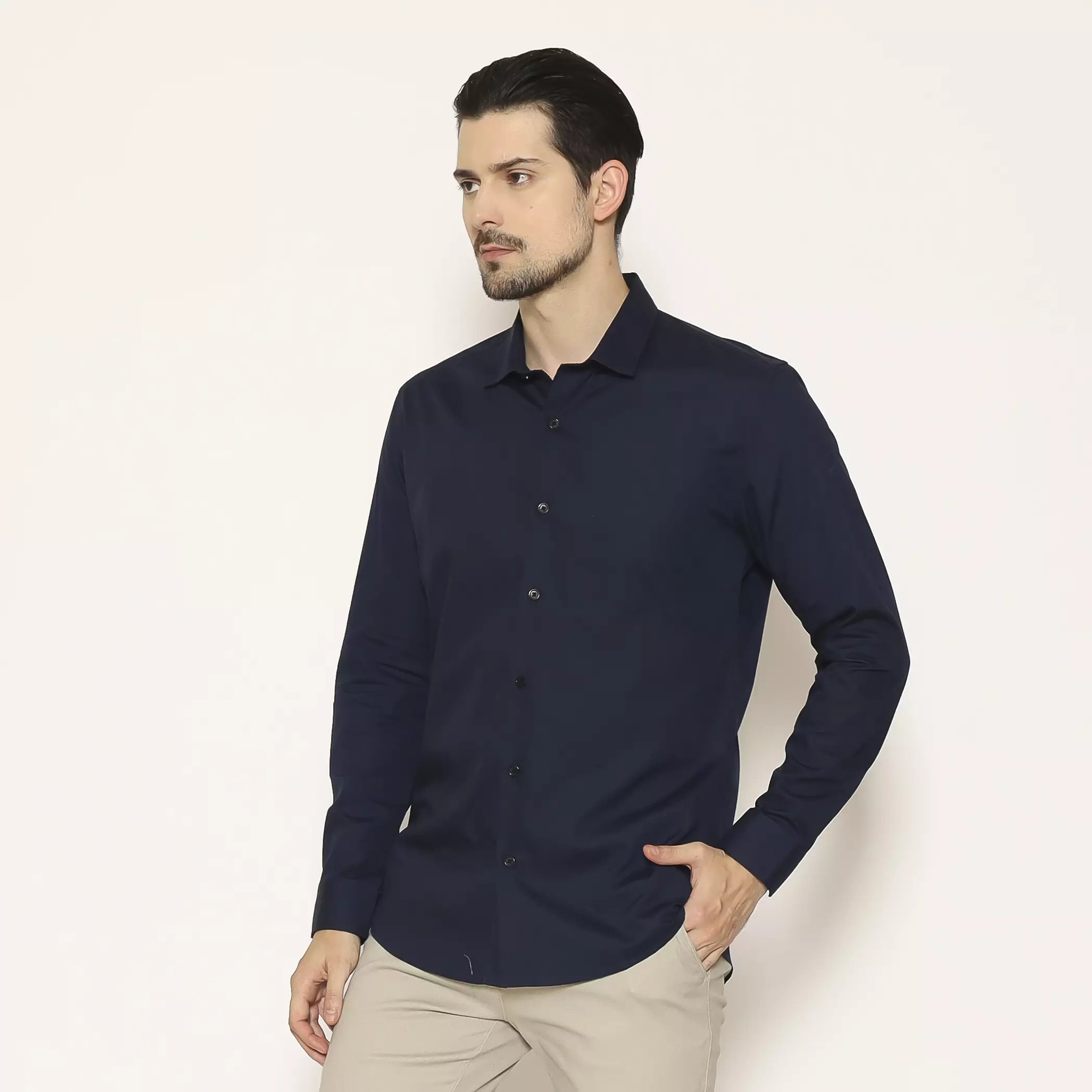 MAGINOT Kemeja Pria Basic Polos Lengan Panjang NAVY