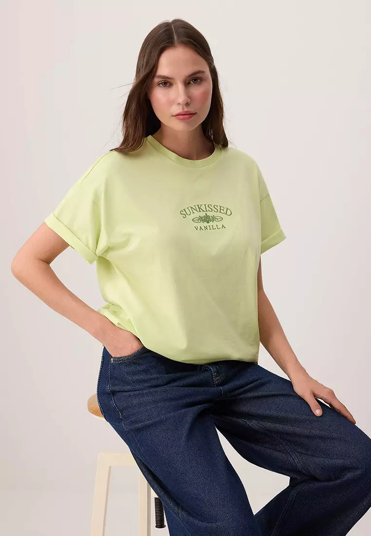 Lime Slogan Oversized Crew Neck Low Sleeve Short Long %1 Cotton Knitted T-Shirt Twoss26Ts21