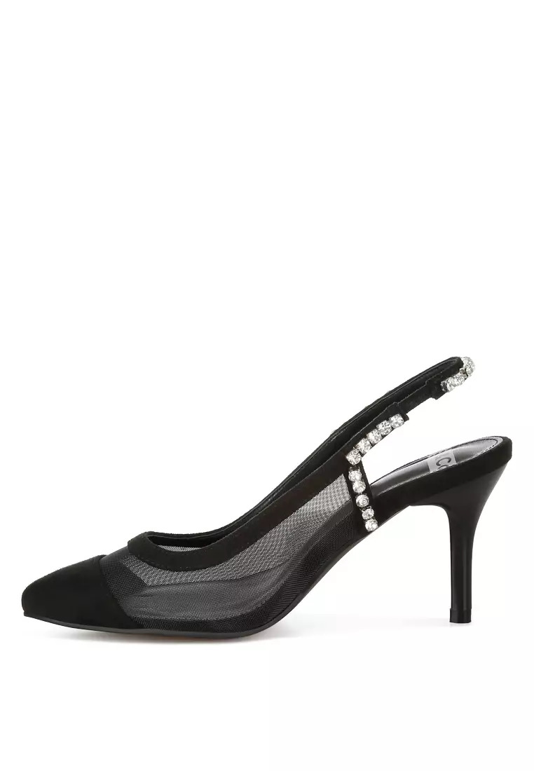 Sandal Slingback Tumit Stiletto Warna Hitam