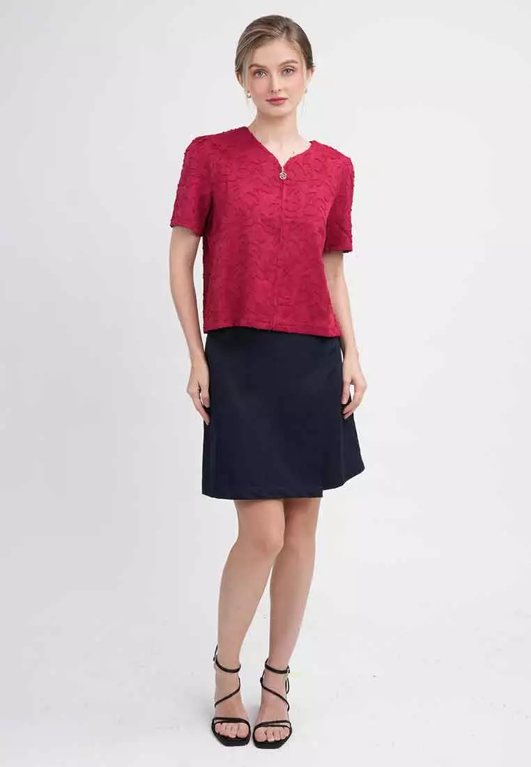 Sola Textured Zip-Front Blouse with Puff Sleeves