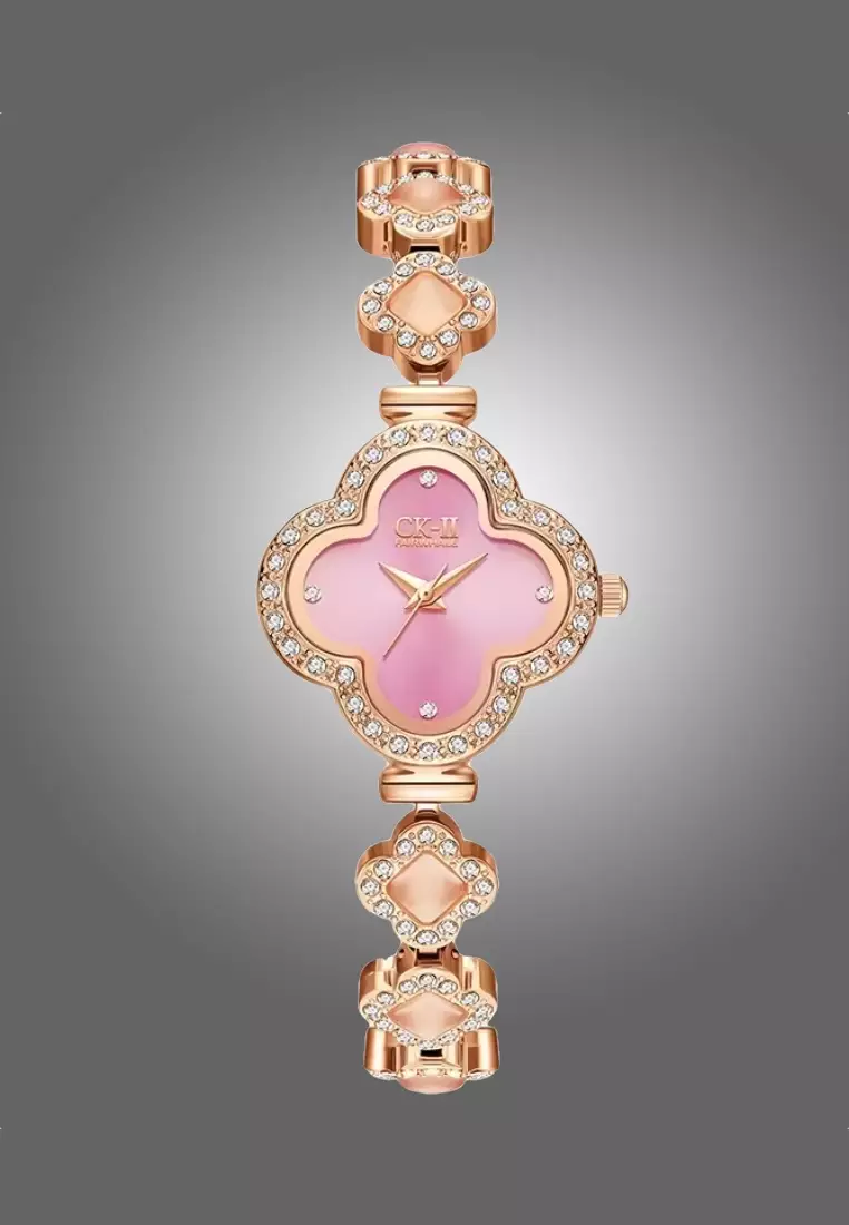 女士幸運四葉草不鏽鋼石英腕錶，鑲有水晶，金屬錶帶