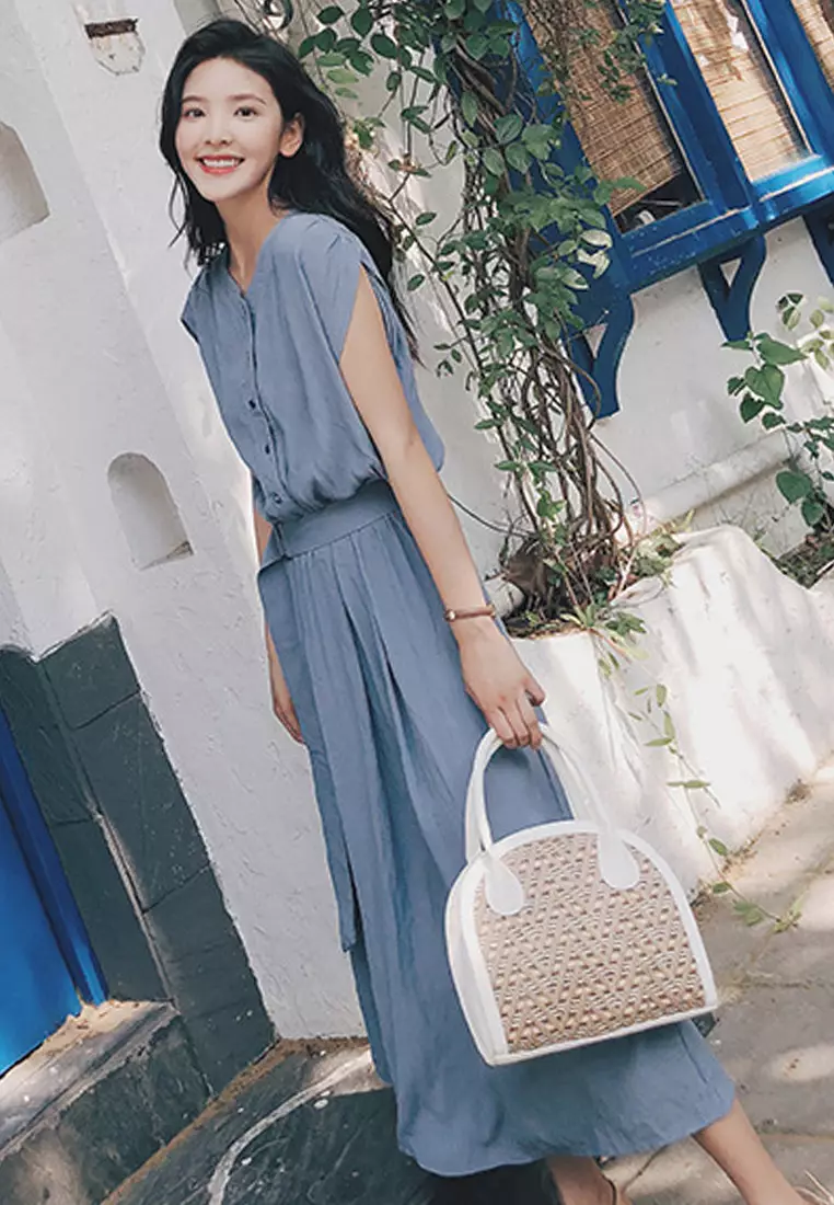 Chiffon Long Short Sleeve Cardigan Style One-Piece Dress A22022532BL