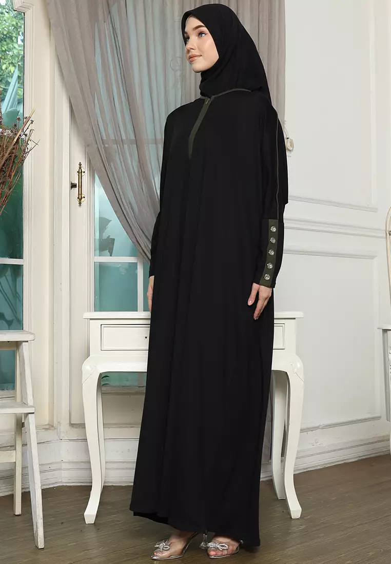 JV Hasanah Abaya Rayon Dress Shireen Black Army | Gamis Abaya Oversize Busui Lengan Batwing Polos