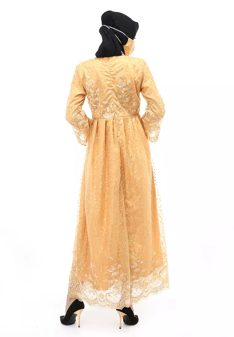 Araya Gamis Tulle Wanita Muslimah Long Dress Regular Fit - Gold