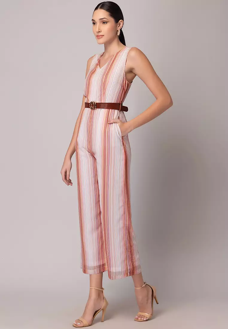 White And Brown Striped Jumpsuit With Belt