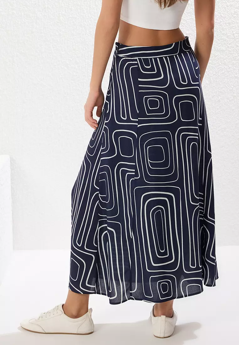 Dark Navy Blue Patterned Slit Detail Midi Woven Skirt