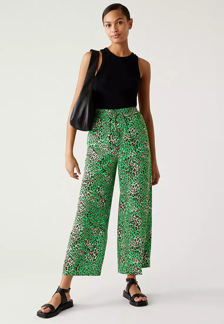 Crepe Animal Print Wide Leg Cropped Trousers