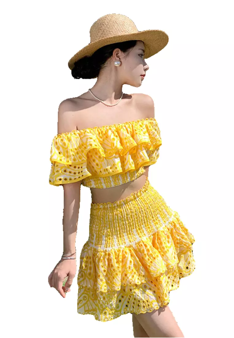 Off Shoulder Eyelet Embroidery Two-Piece Set CA26022443YE