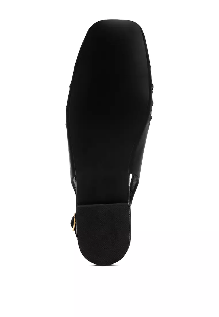 Satin Square Toe Flat Slingback in Black