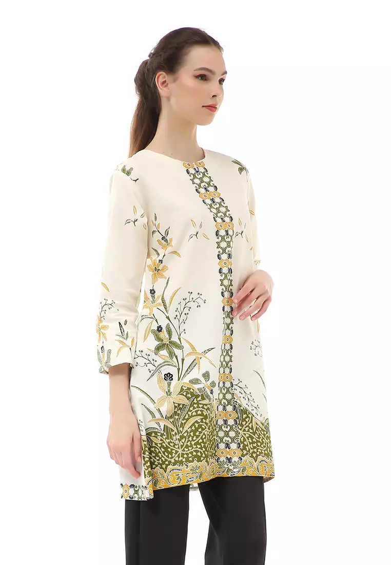 Olaf Atasan Batik Wanita Tunik Traditional Motive Simple Design Material Cotton ORIGINAL - White Green