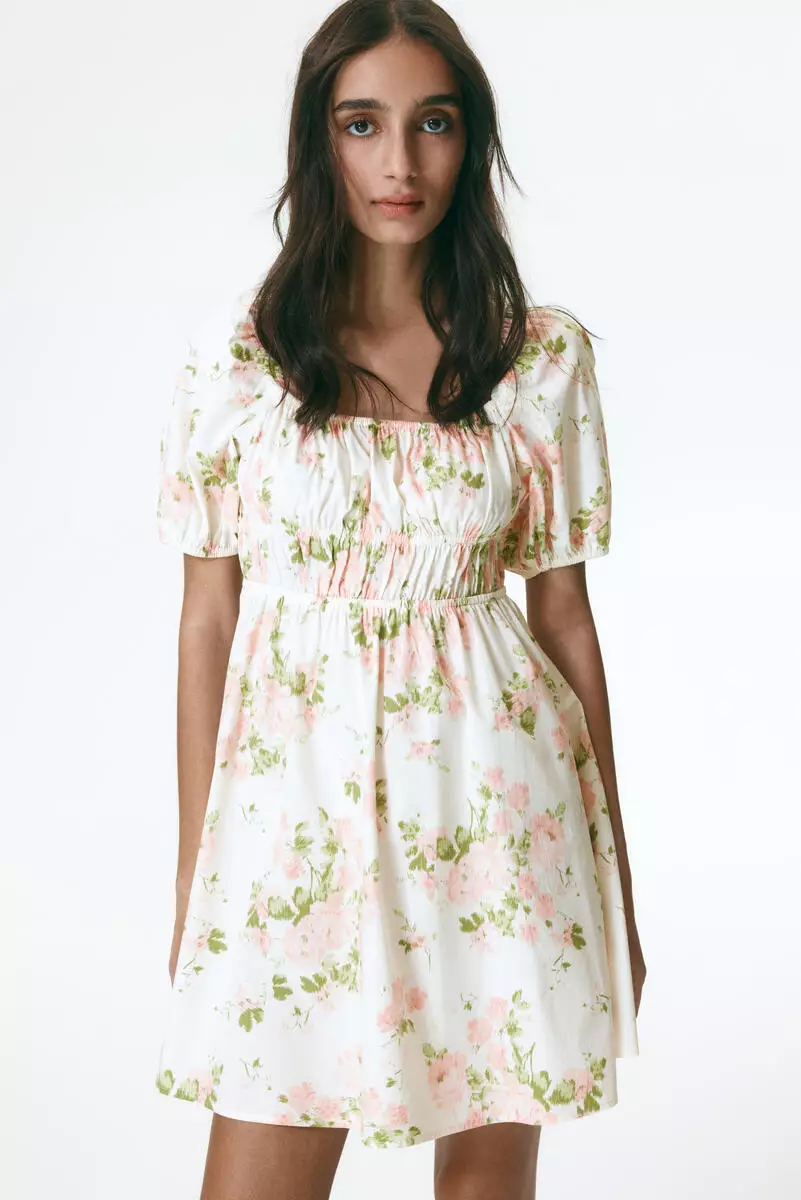 Puff-sleeved poplin dress