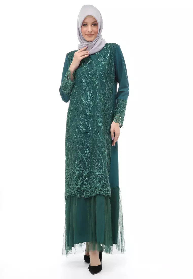 Diana Gamis Brukat Wanita Muslimah Lapis Moscrepe Premium Quality - Hijau Botol