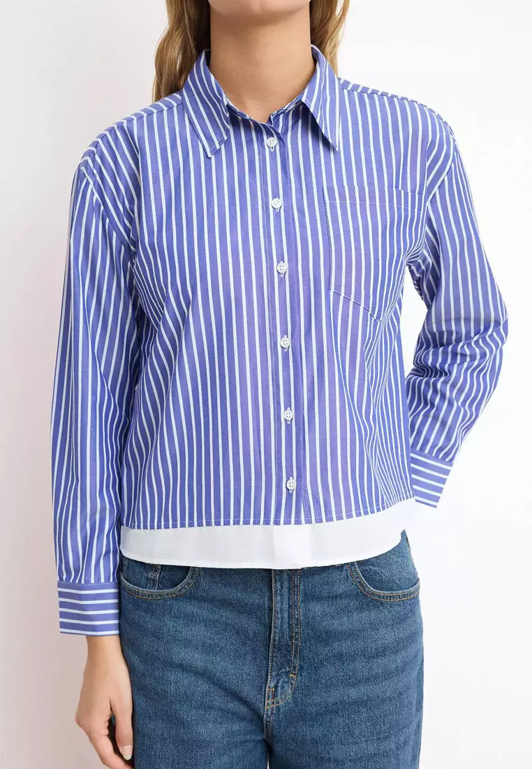 Blue-Multicolor Striped Contrast Lightweight Cropped Shirt Twoss26Go91