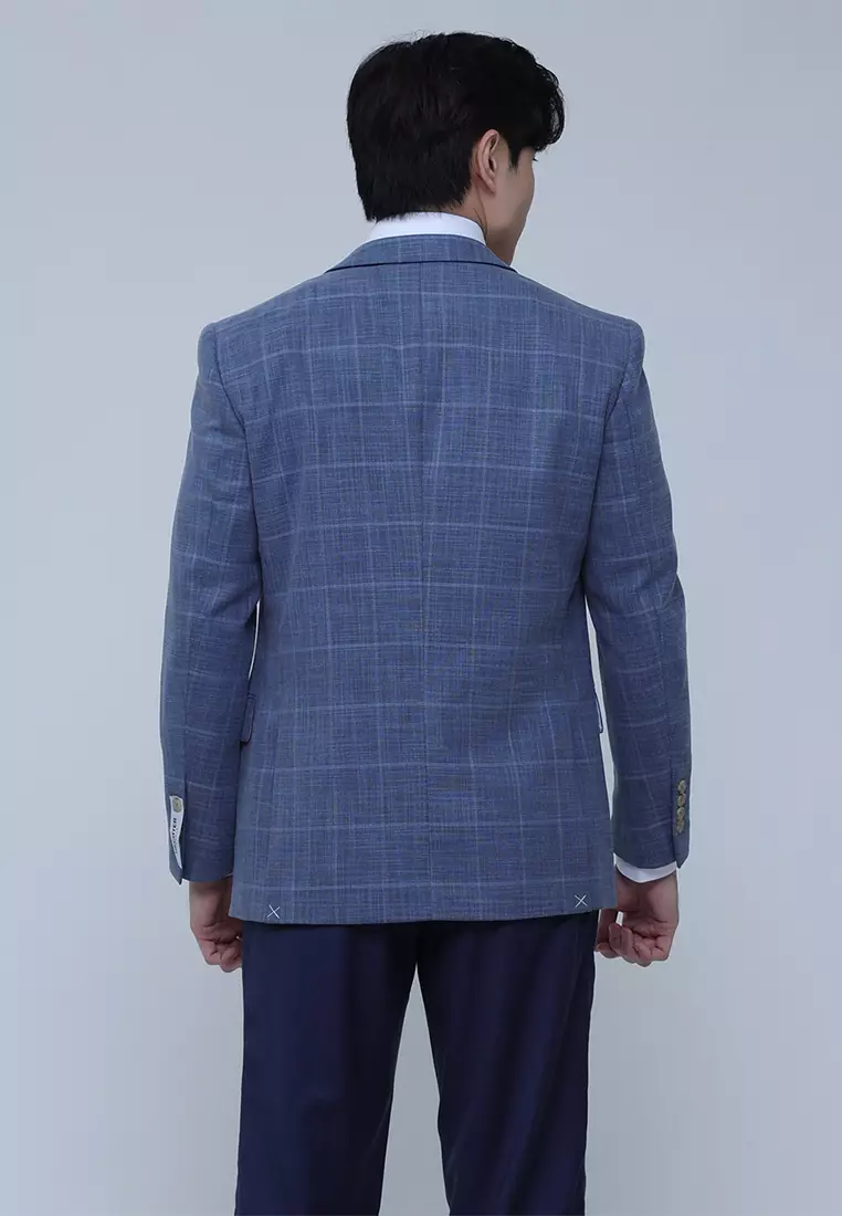 Light Blue Check Blazer Jacket with Stretch