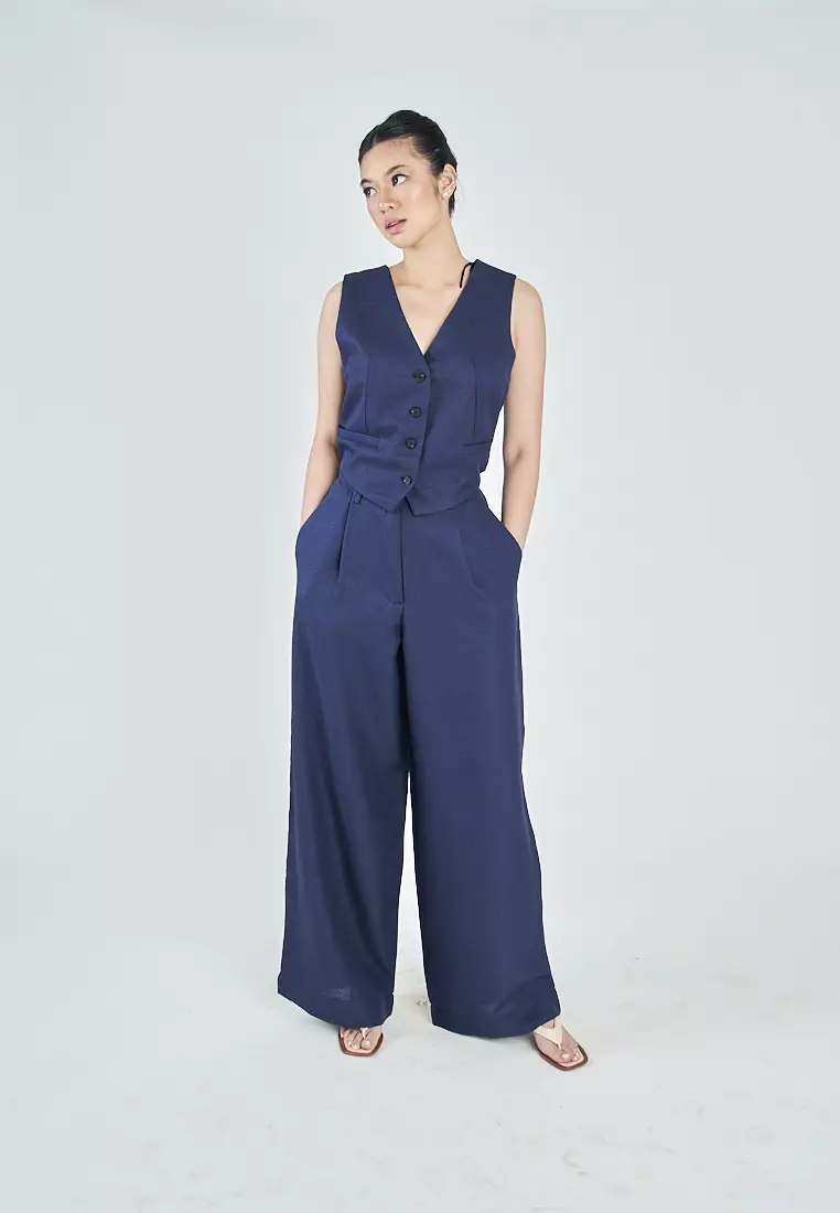 Buy Love, Ara Kira Navy Blue Zipper Fly Pleated Wide Leg Trouser 