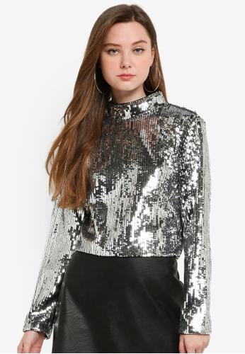 Buy Glamorous Long Sleeve Sequin Crop Top Zalora Hk