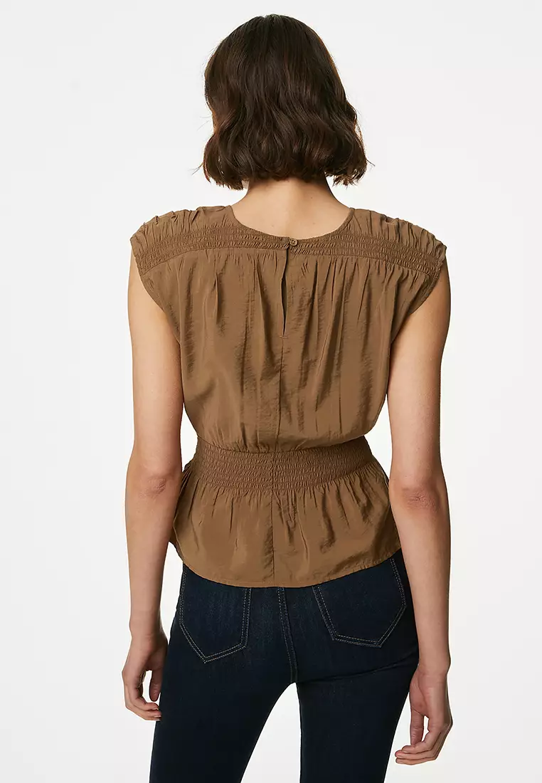 Crew Neck Smocked Shirred Detail Blouse