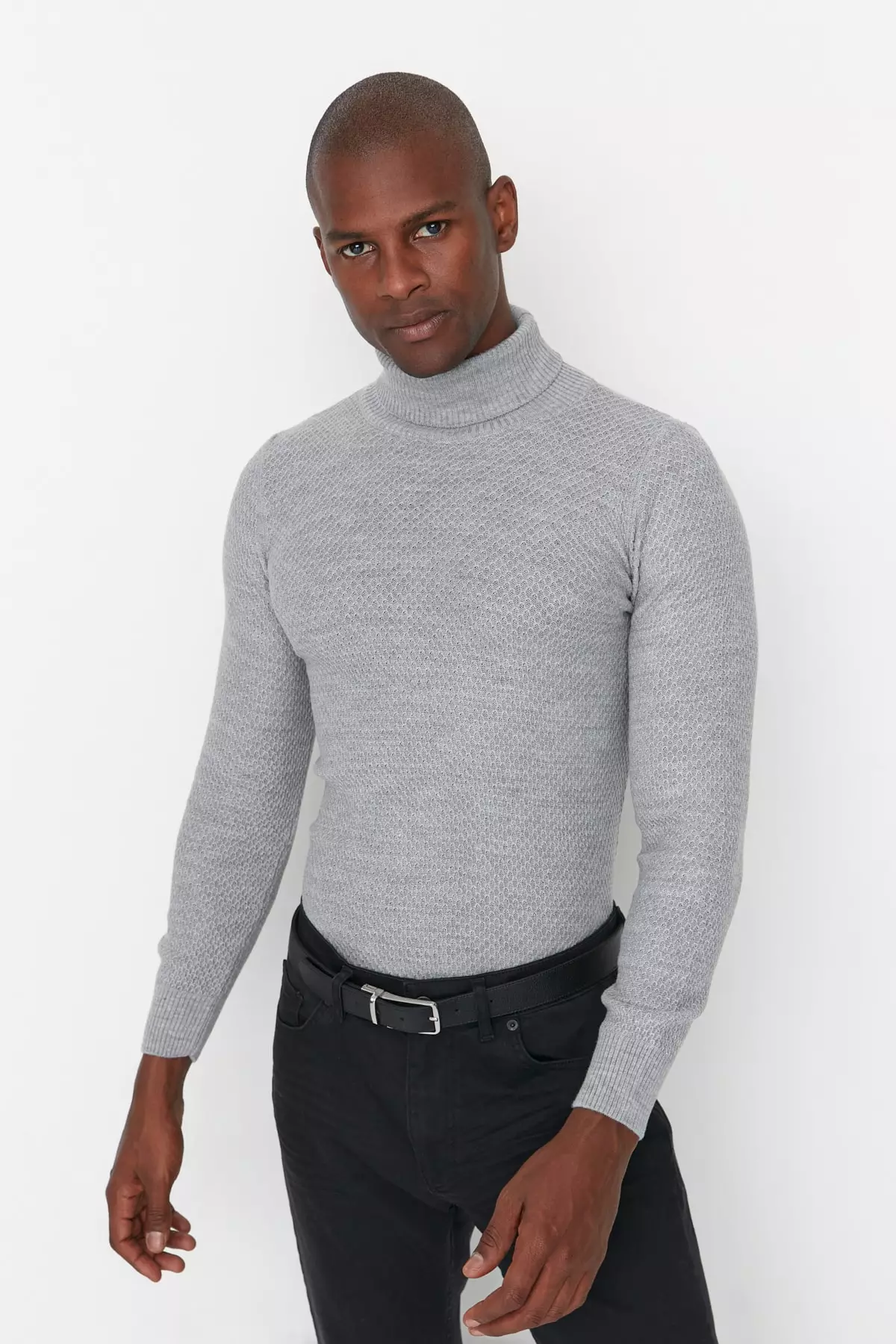 Trendyol Gray Men s Slim Fit Turtleneck Textured Sweater