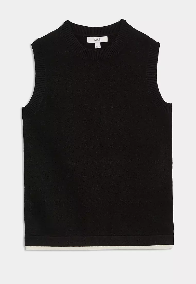 Air-Yarn Crew Neck Tipped Detail Knitted Vest