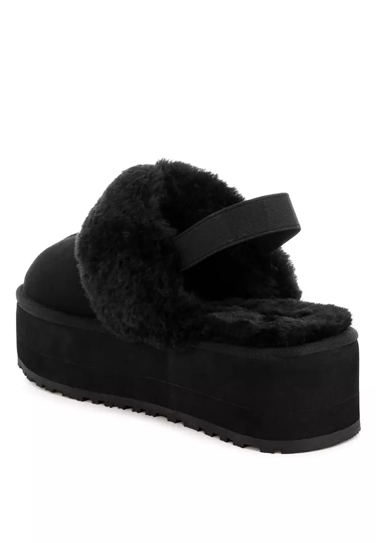 Faux Fur Trim Platform Classic Slingback in Black