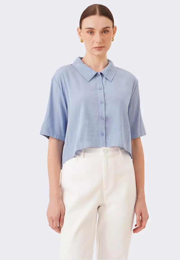 Women's Boxy Boat Neck Woven Top with Pocket