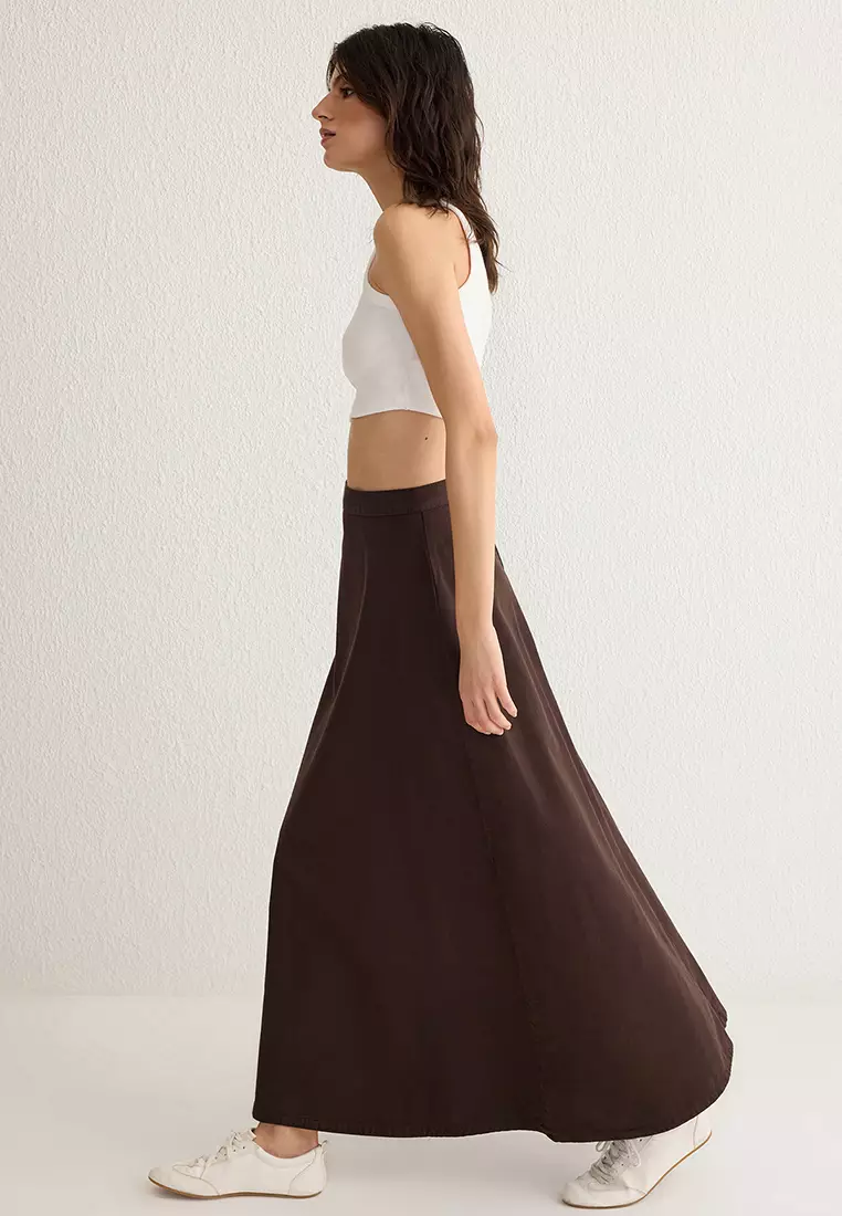 Brown Flounce Maxi Denim Skirt