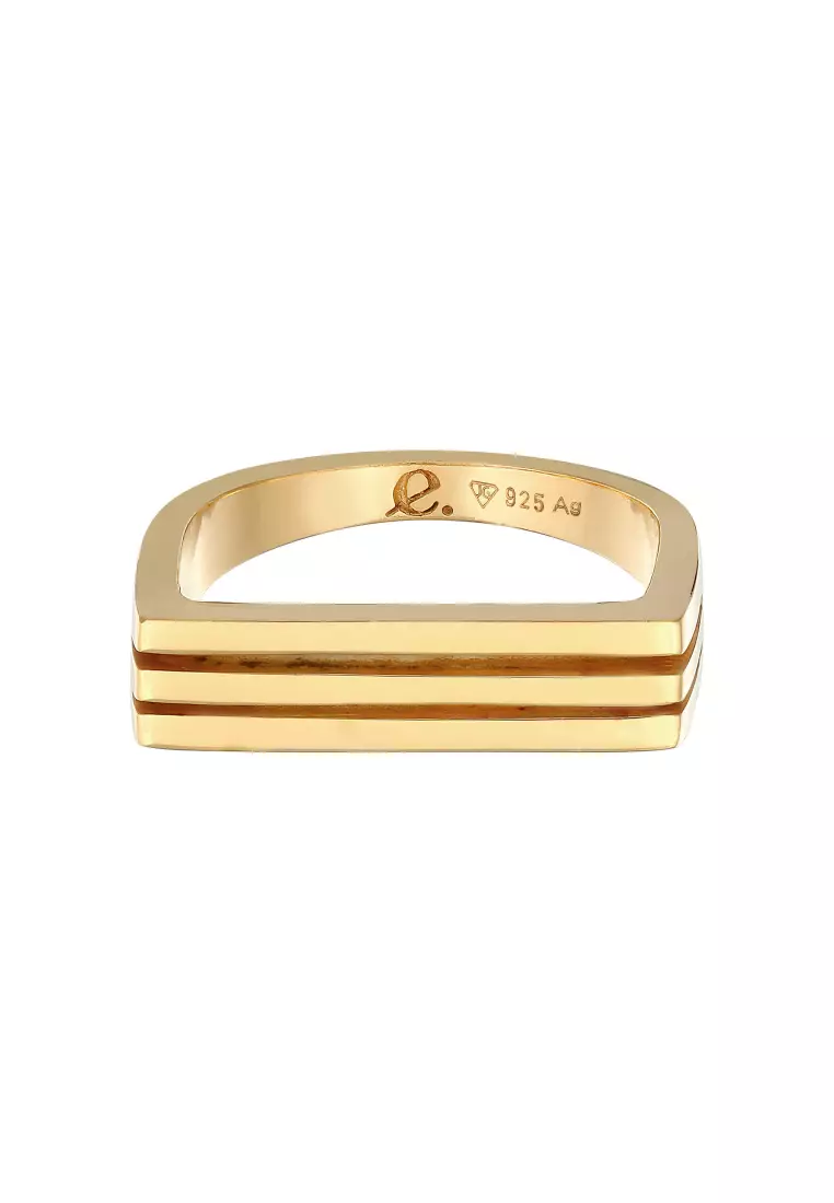 Ring Signet Rectangle Grooves Gold Plated