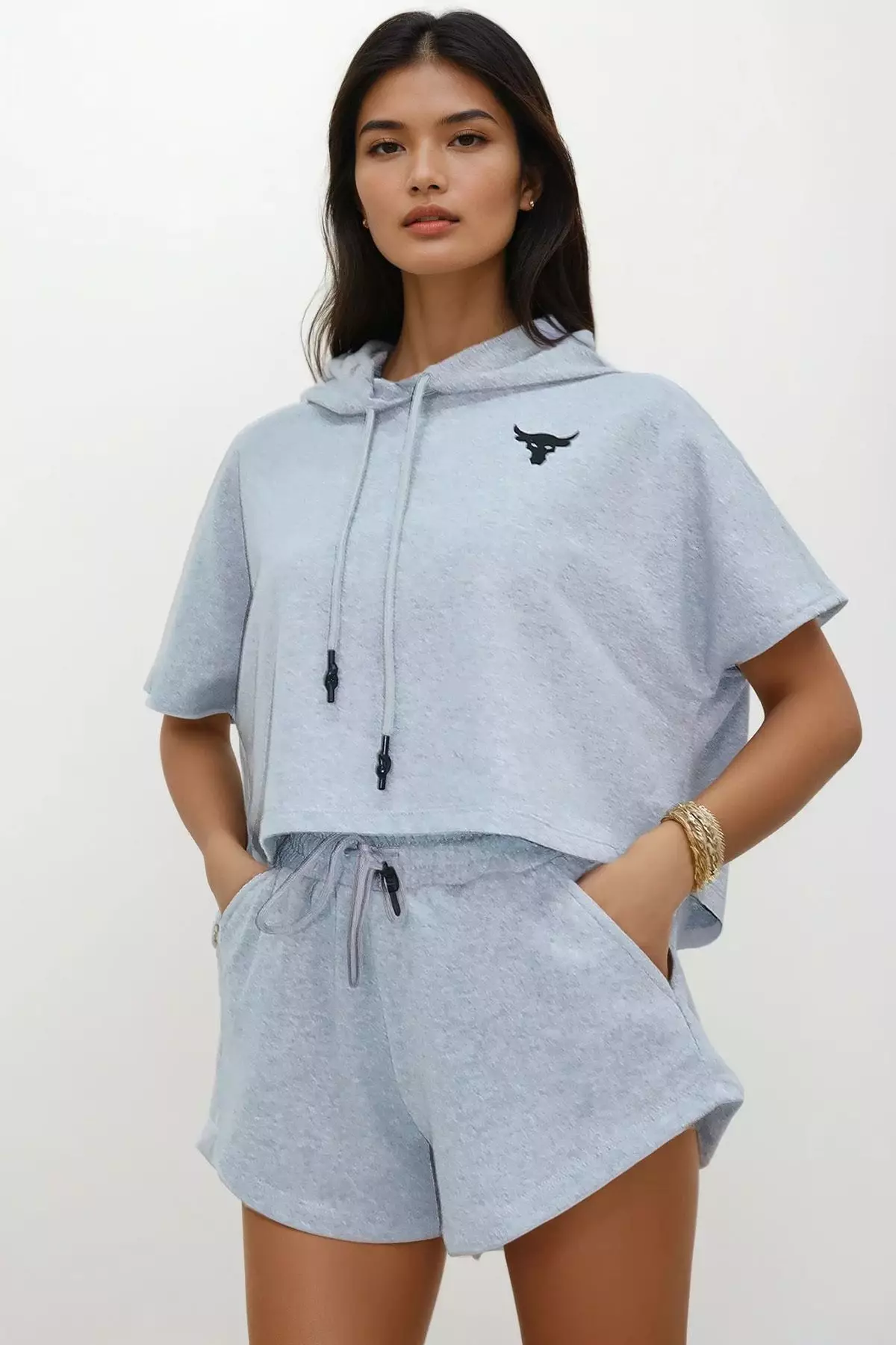 Women's Gray Hooded Crop Sweatshirt And Shorts Set Alc-760-001-Tk