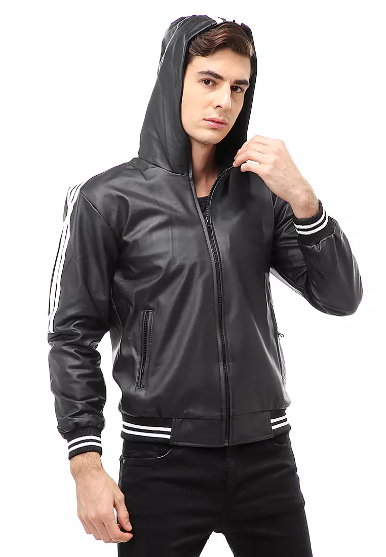 Halbert Outerwear Jaket Kulit Hoodie Pria Model List Material Leather ORIGINAL - Black