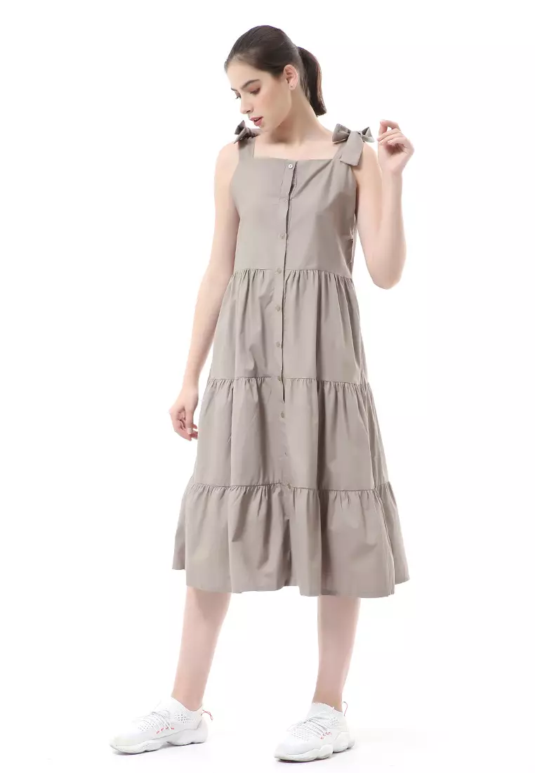 Rachel Dress Ruffle Wanita Tanpa Lengan Full Kancing Stylish Material Cotton ORIGINAL - Brown