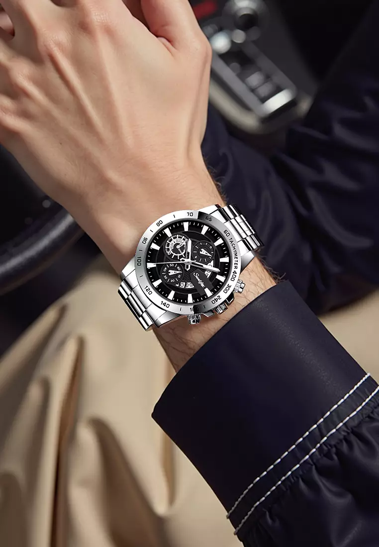 Jam Tangan Pria SL3321 Quartz Kalender Bercahaya Olahraga Tali Stainless Steel Jam Tangan Cowok silverblack