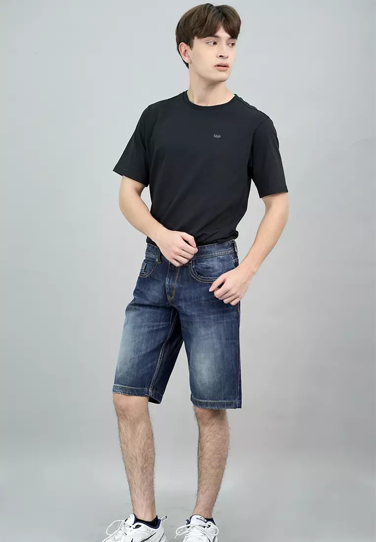 LGS - Celana Pendek Jeans Pria Motif Washed Whiskers Blue Denim - JSS.416.P079.A666.C